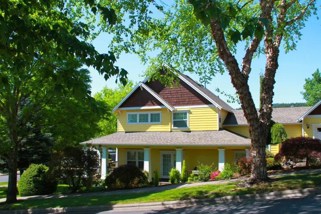 Yellow two-story house framed by large leafy trees