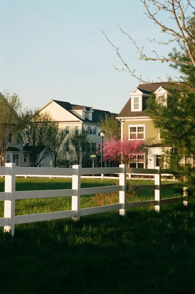 Neighborhood street of two-story homes with a white fence and flowering trees